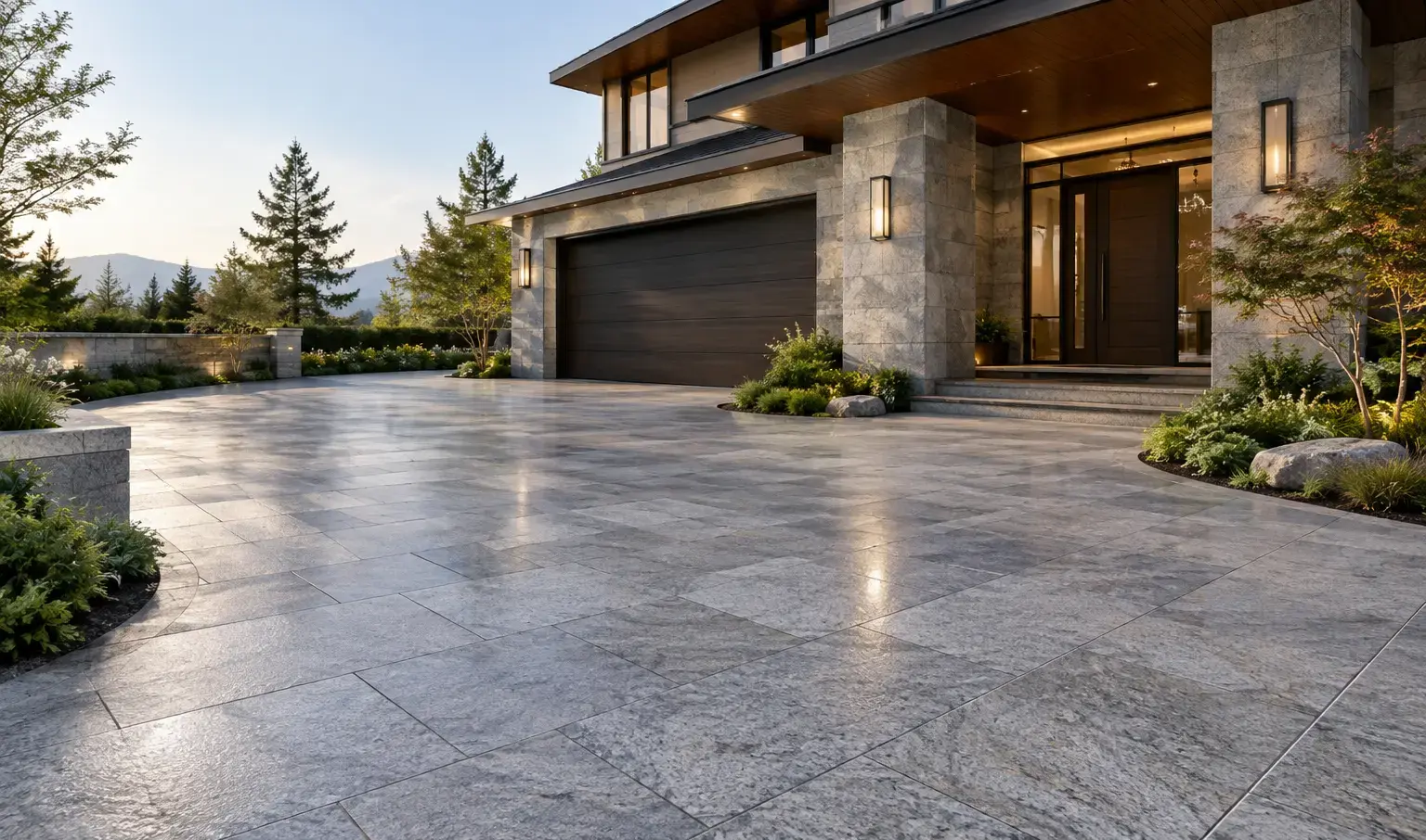 Conceptual rendering of home exterior with granite hardscaped stone for driveway and landscaped entrance.