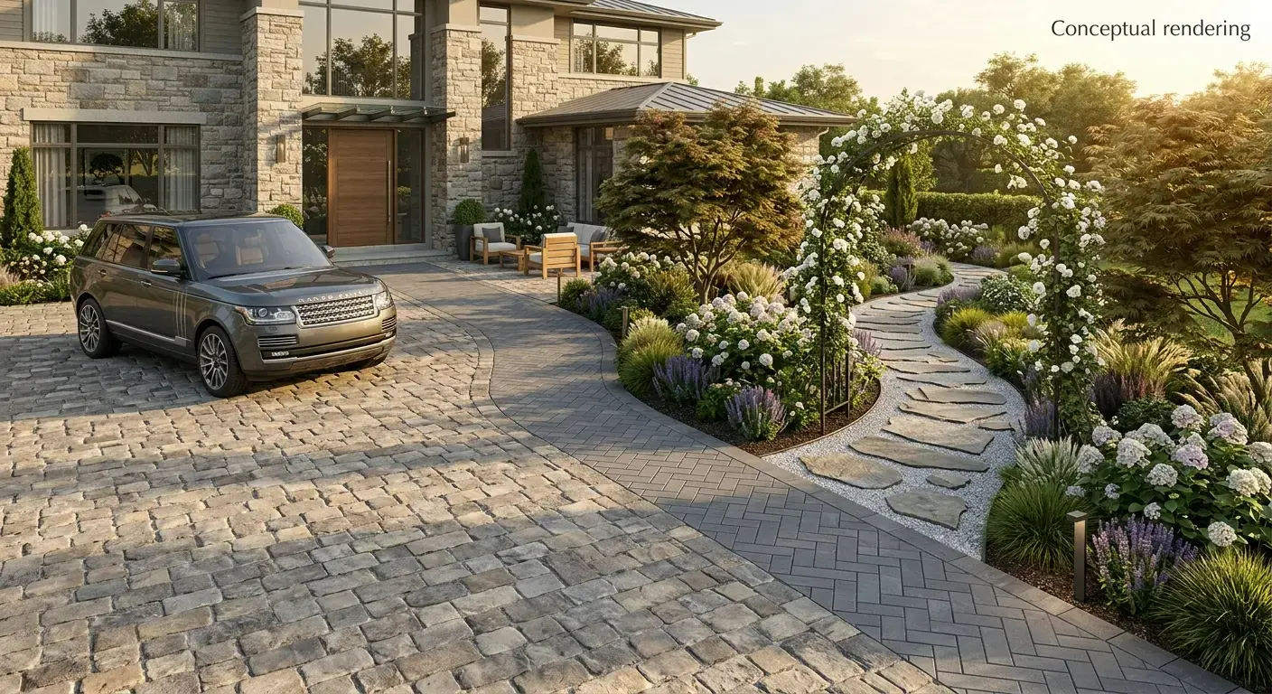 Conceptual rendering of a cobblestone paver driveway, herringbone walkway, and flagstone garden path.