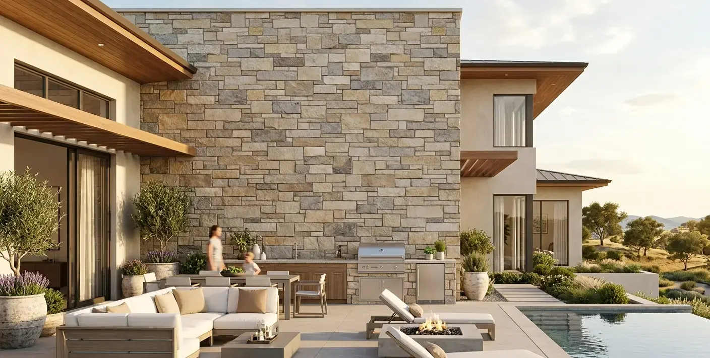 Conceptual rendering of a stone for home exterior accent wall in a random ashlar pattern.