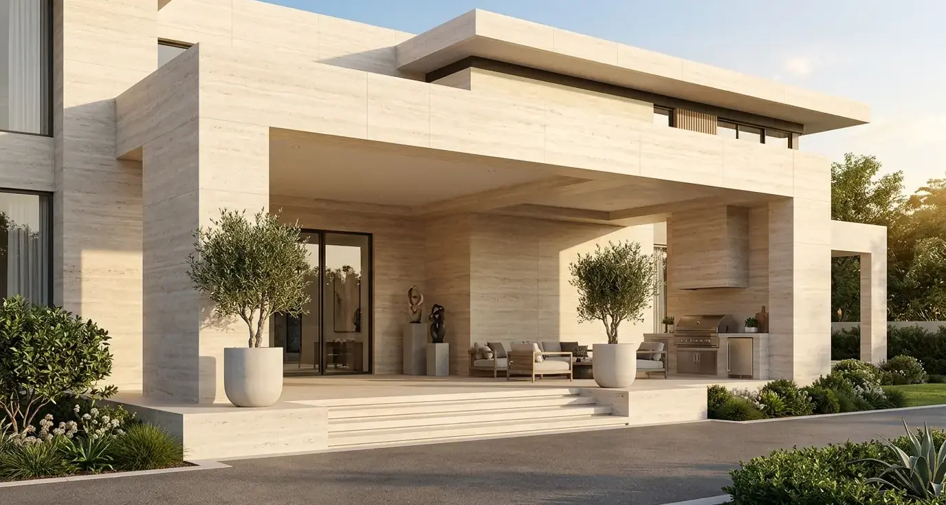 Conceptual rendering of a stone for home exterior entrance with soft linear veining.