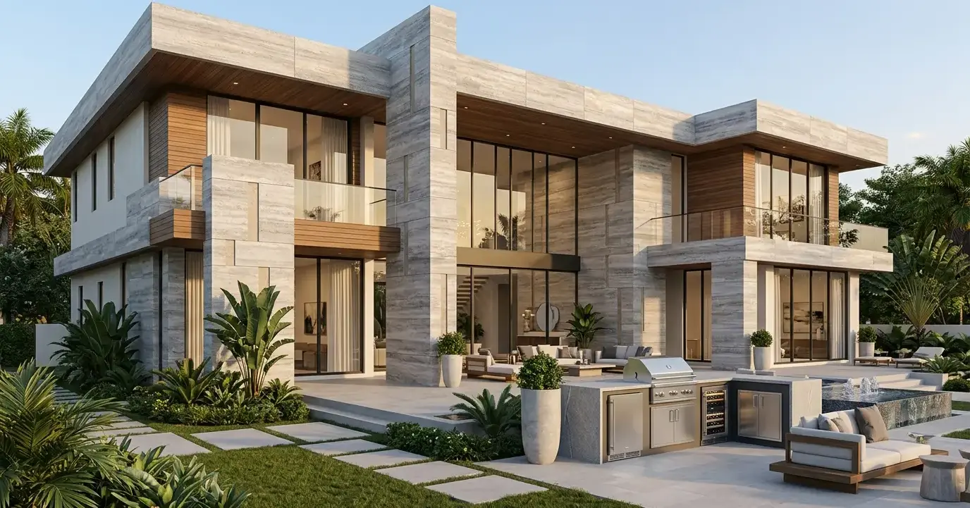 Silver grey stone for home exterior facade with soft linear veining and warm beige accents.