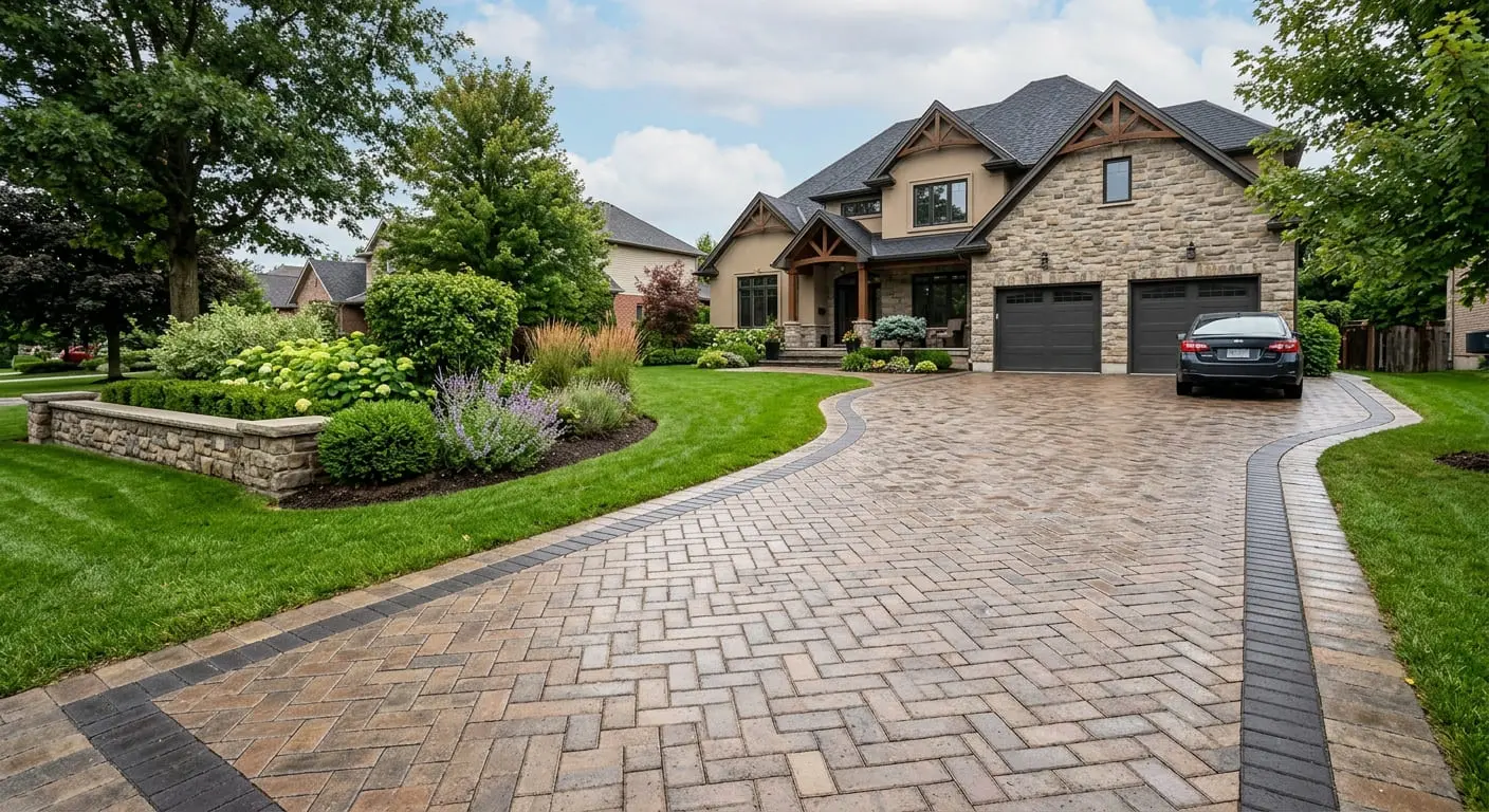 Conceptual rendering of natural stone paver in driveway.