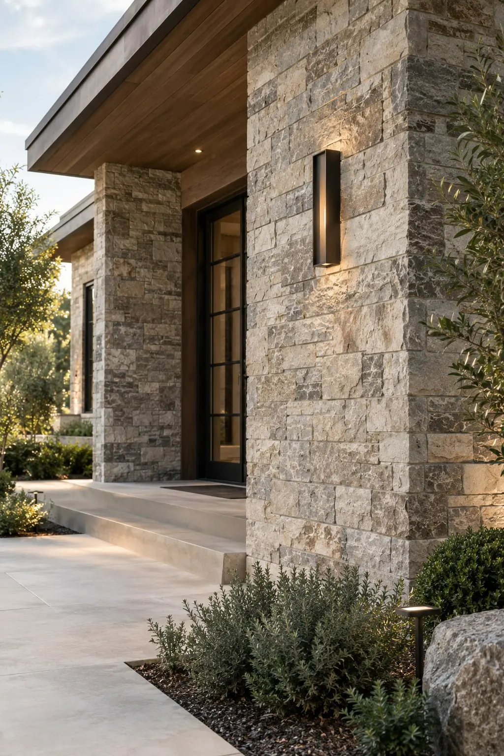 Conceptual rendering of natural split-face stone veneer on a modern home exterior with warm beige and gray tones.