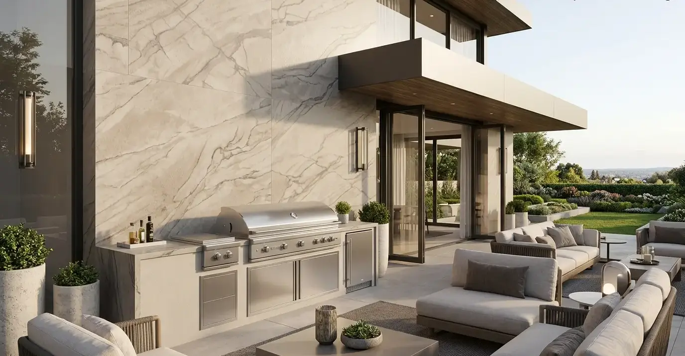 Outdoor stone for house exterior wall in warm taupe quartzite with soft grey veining.