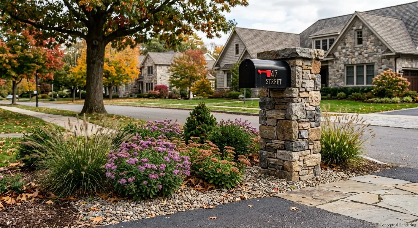 Conceptual rendering of split face granite stacked stone in mailbox posts.
