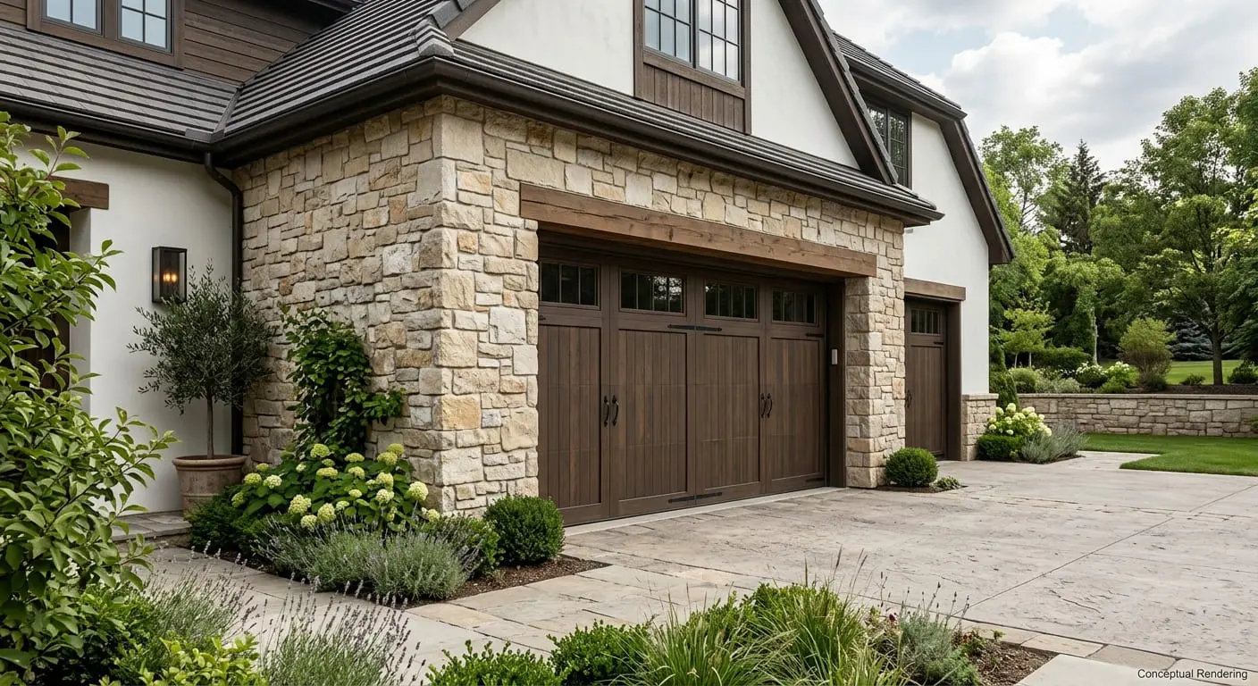 Conceptual rendering of limestone stacked stone in garage surrounds.