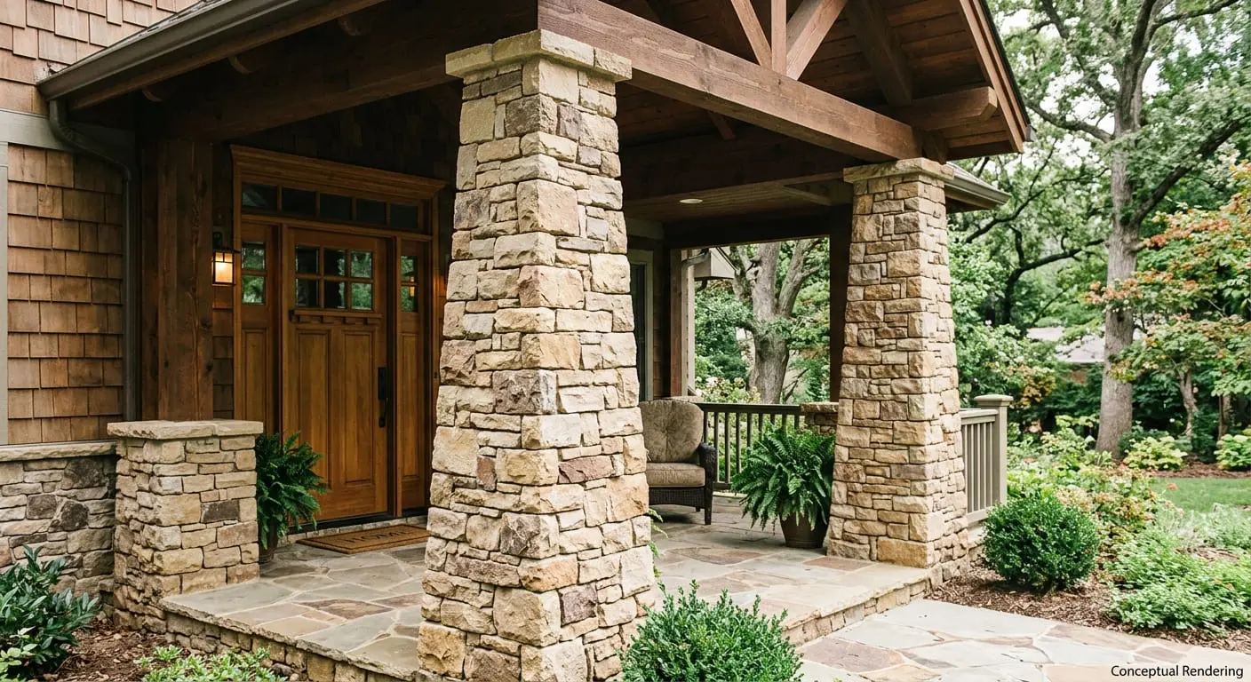 Conceptual rendering of sandstone stacked stone in porch pillars.