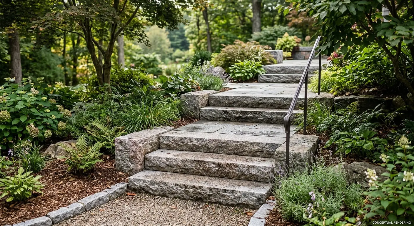 Conceptual rendering of textured granite hardscape steps surrounded by natural garden landscaping.