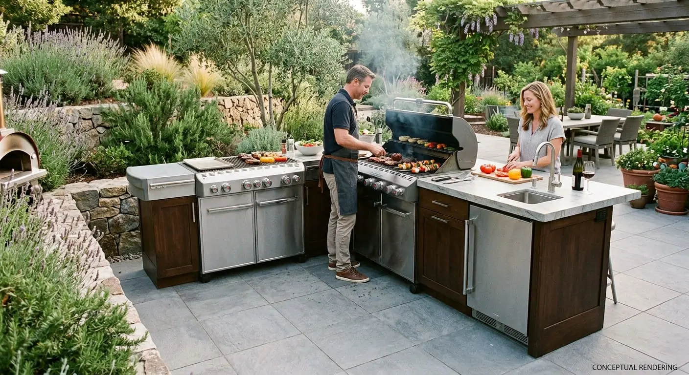 Conceptual rendering of a luxury outdoor kitchen with porcelain paver hardscape.