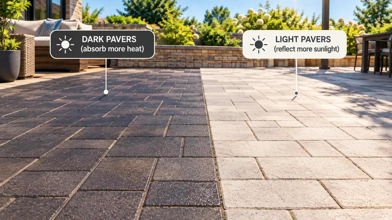 Conceptual rendering of dark and light pavers exposed to direct sunlight.