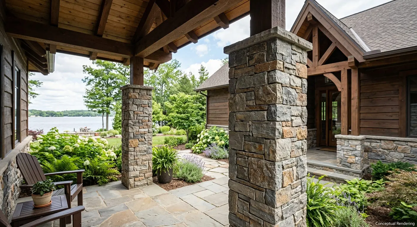 Conceptual rendering of stacked ledger stone wrapped around rectangular porch columns.