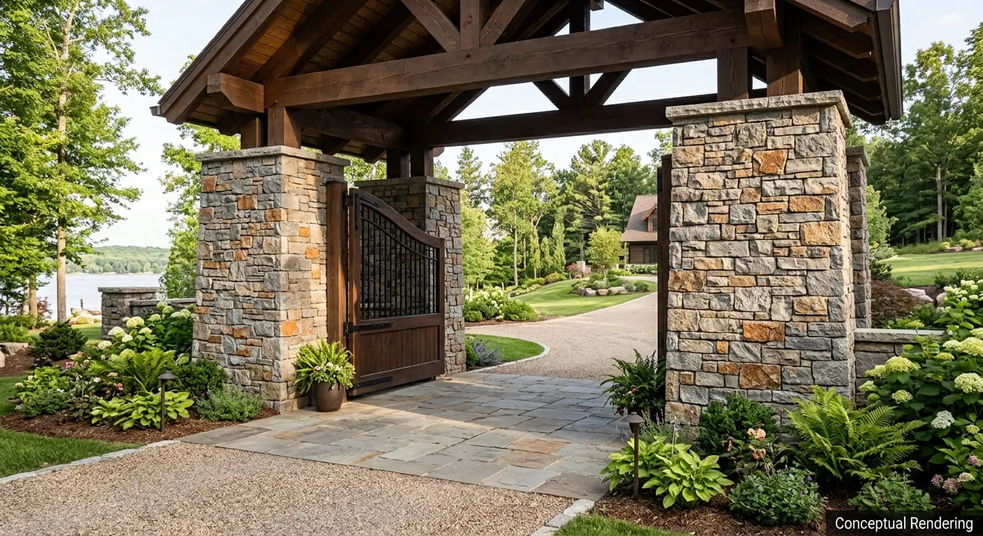 Conceptual rendering of ledger stone wrapped around large driveway gate pillars.