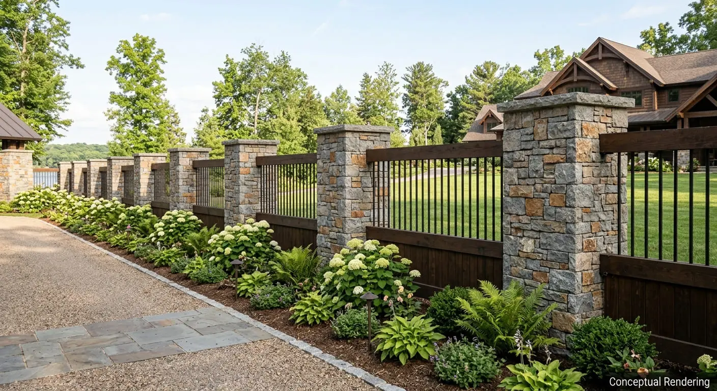Conceptual rendering of long perimeter fence line with ledger stone pillars set at regular intervals.