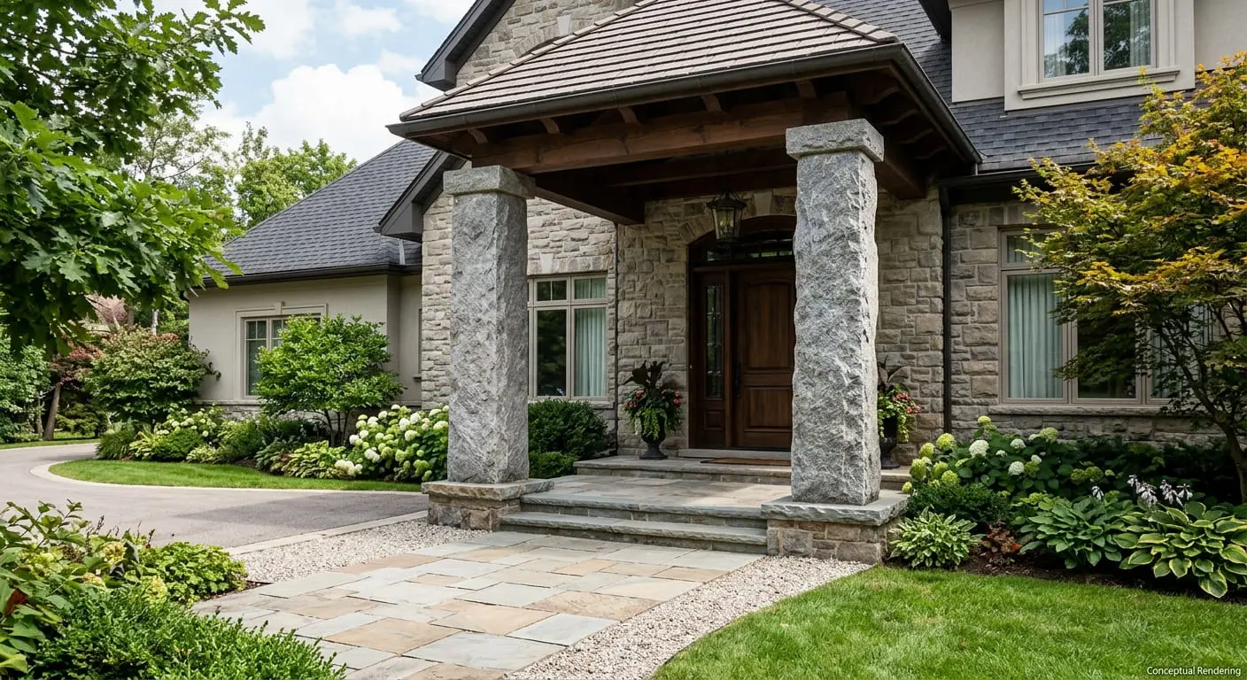 Granite Stone home entrance featuring rough-cut stone pillars.