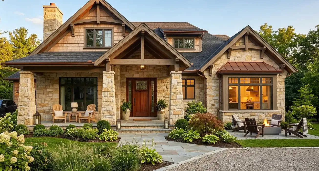 Quartzite exterior wall, wood gables.