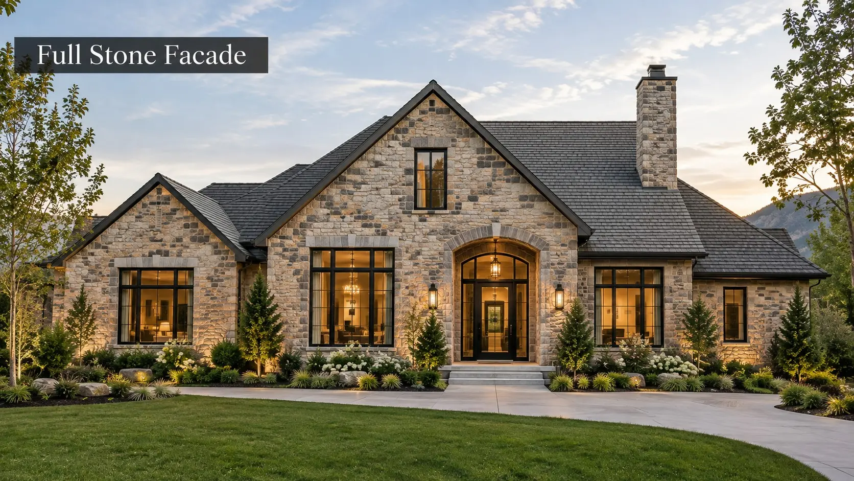 Conceptual rendering of a Full stone facade for exteriors.