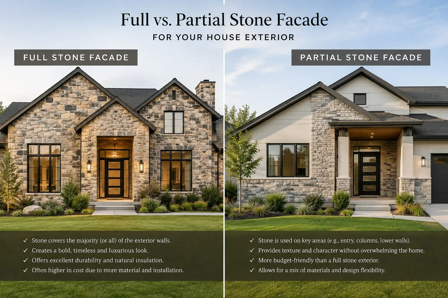 Conceptual rendering comparing a full stone facade home with a partial stone facade home featuring stone on the entry, columns, and lower walls.