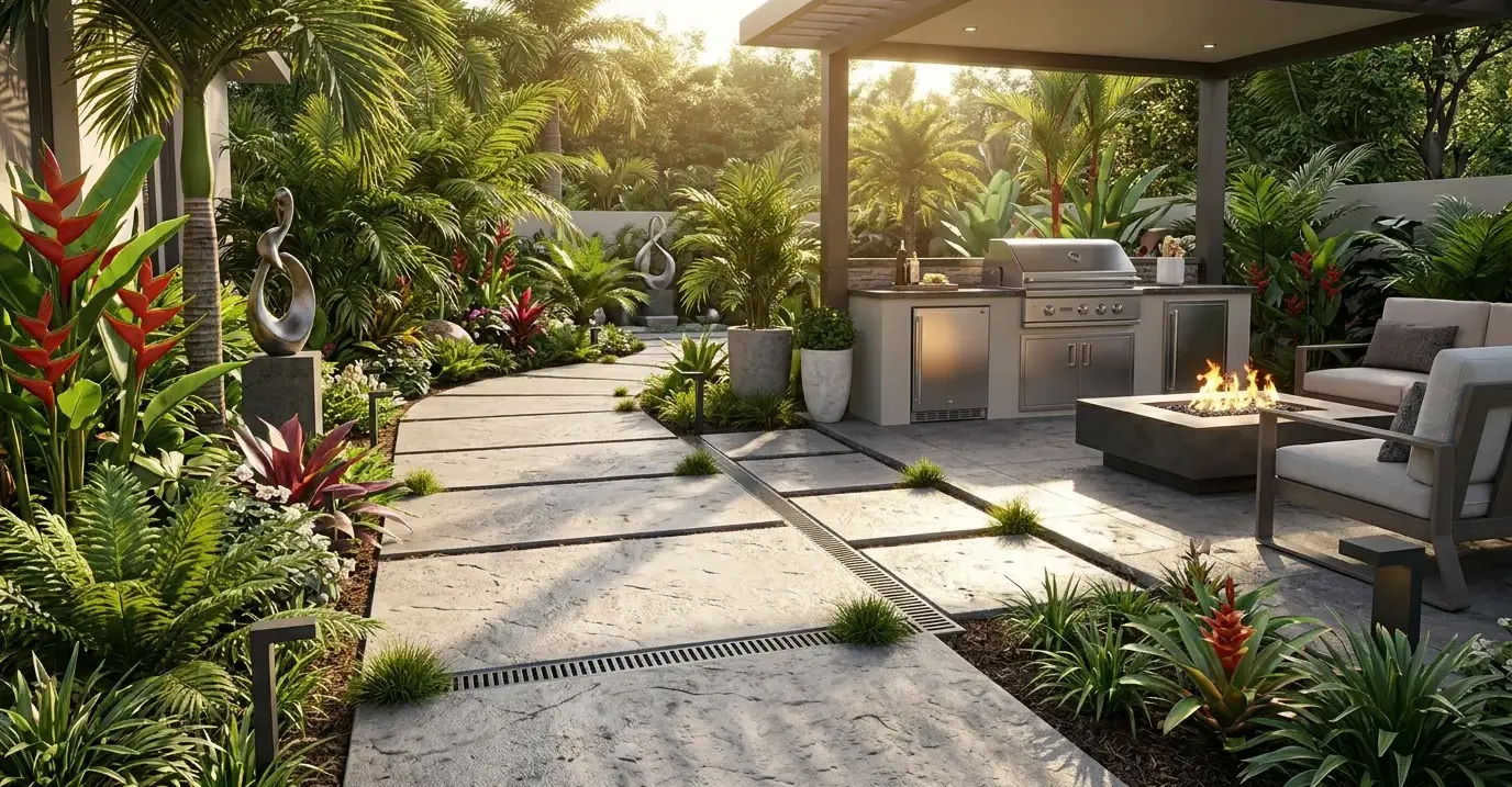 Conceptual rendering of a garden walkway using low-maintenance pavers suited to humid climates
