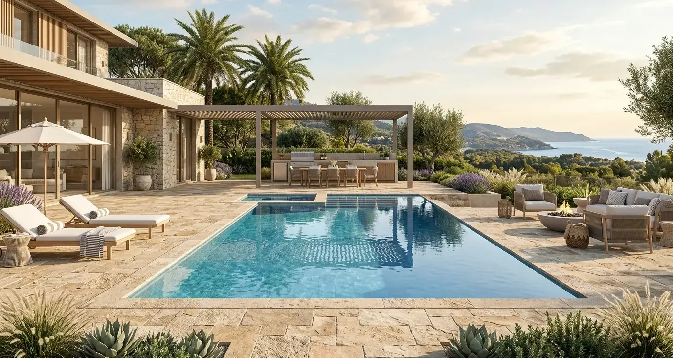 Conceptual rendering of a pool deck finished with textured stone pavers