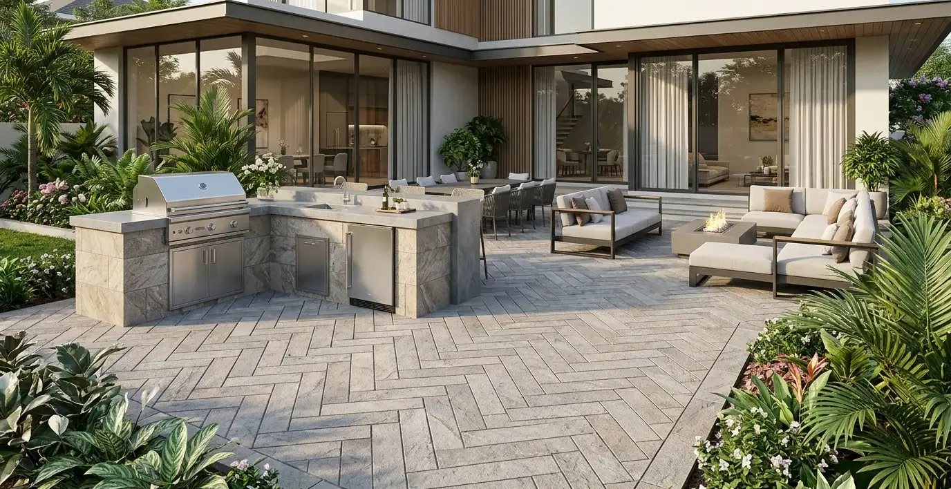 Conceptual rendering of a backyard patio with pavers laid in a herringbone pattern