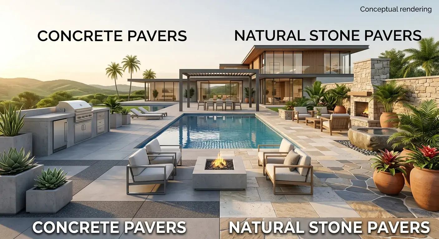 Conceptual rendering of concrete pavers and natural stone pavers compariosn.