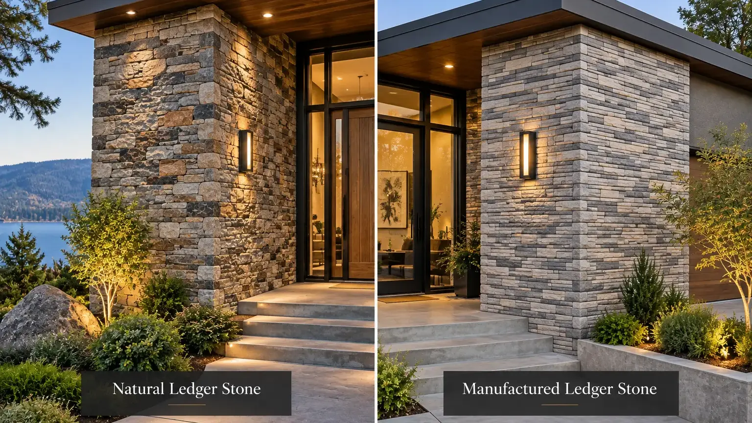 Conceptual rendering of side-by-side exterior featuring natural and manufactured ledger stone.