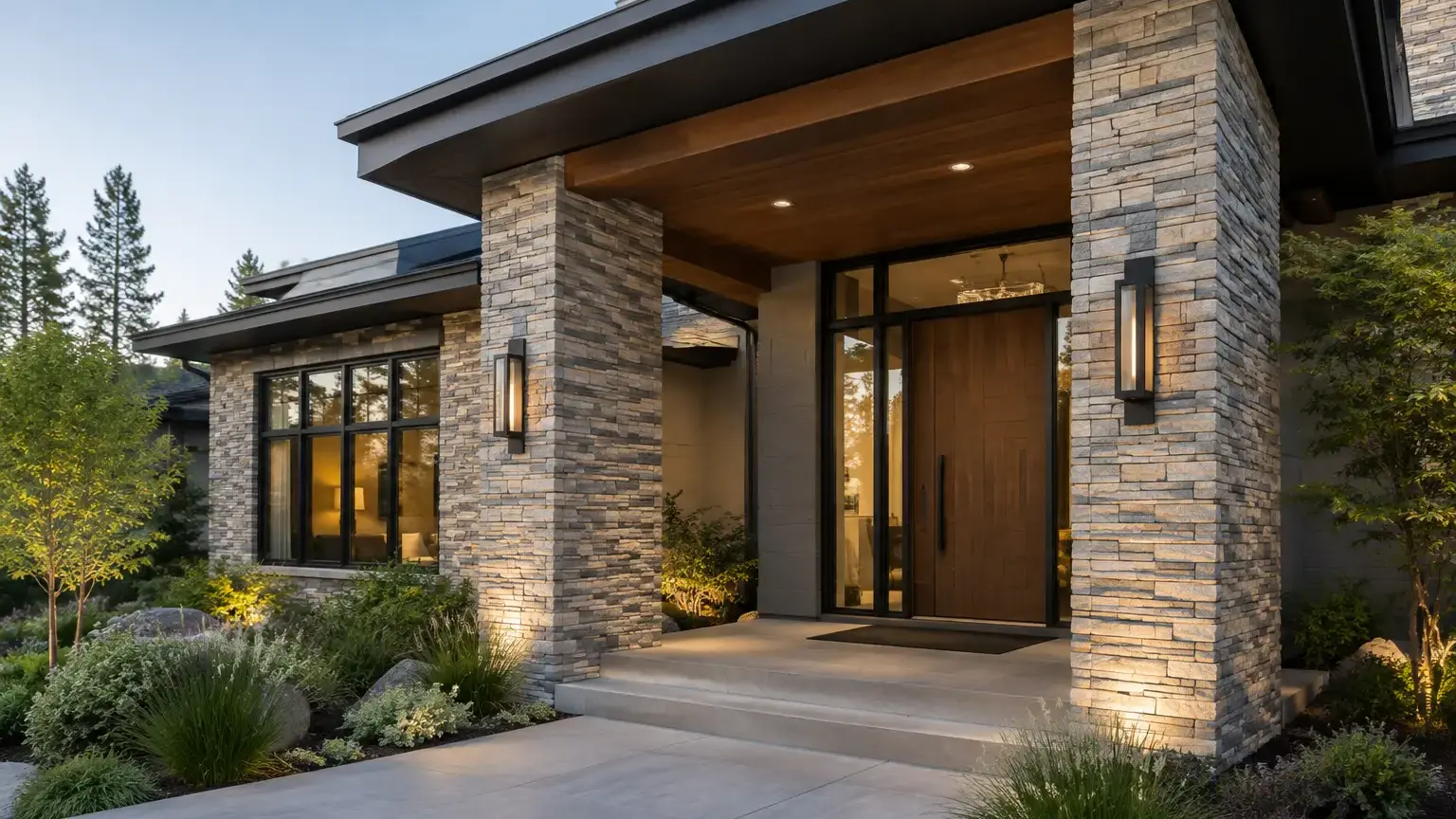 Conceptual rendering of luxury exterior entry with ledger stone-clad columns and modern wood door.