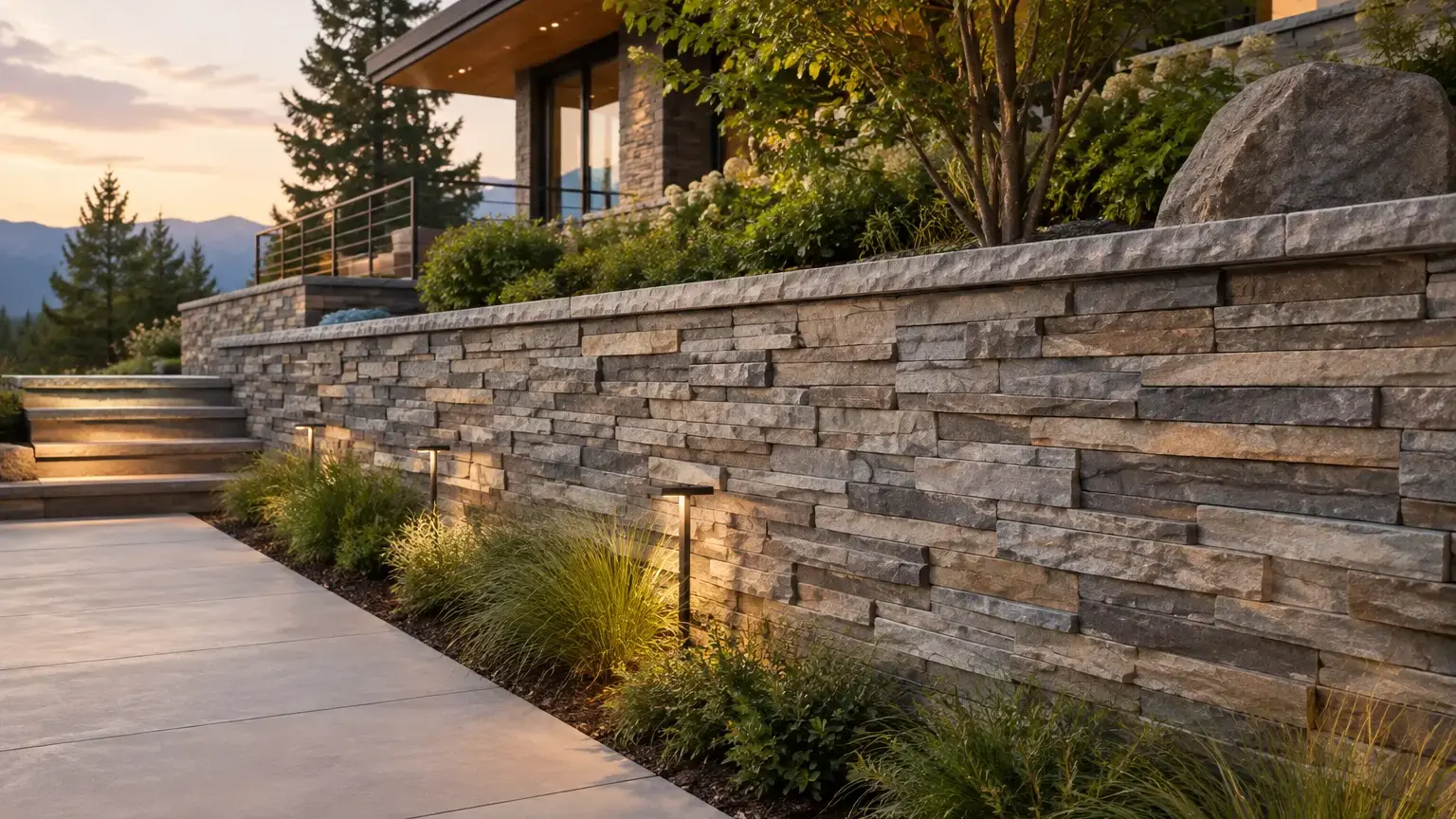 Conceptual rendering of modern exterior retaining wall featuring stacked ledger stone, landscaping, and warm architectural lighting.
