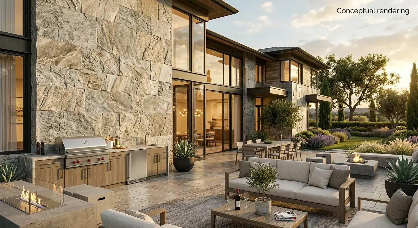 Conceptual rendering of natural stone exterior wall cladding on a modern home with an outdoor kitchen and patio at sunset.