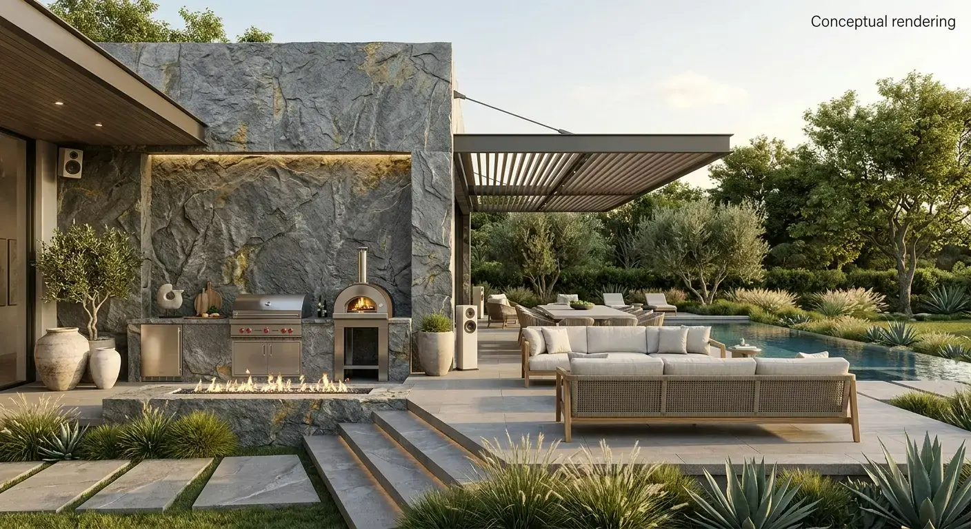 Conceptual rendering of rough-cut natural stone cladding on an outdoor kitchen wall with a fire pit and poolside patio.