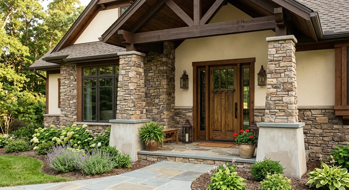 Conceptual rendering of a craftsman home entry with stacked natural stone siding on porch columns and walls.
