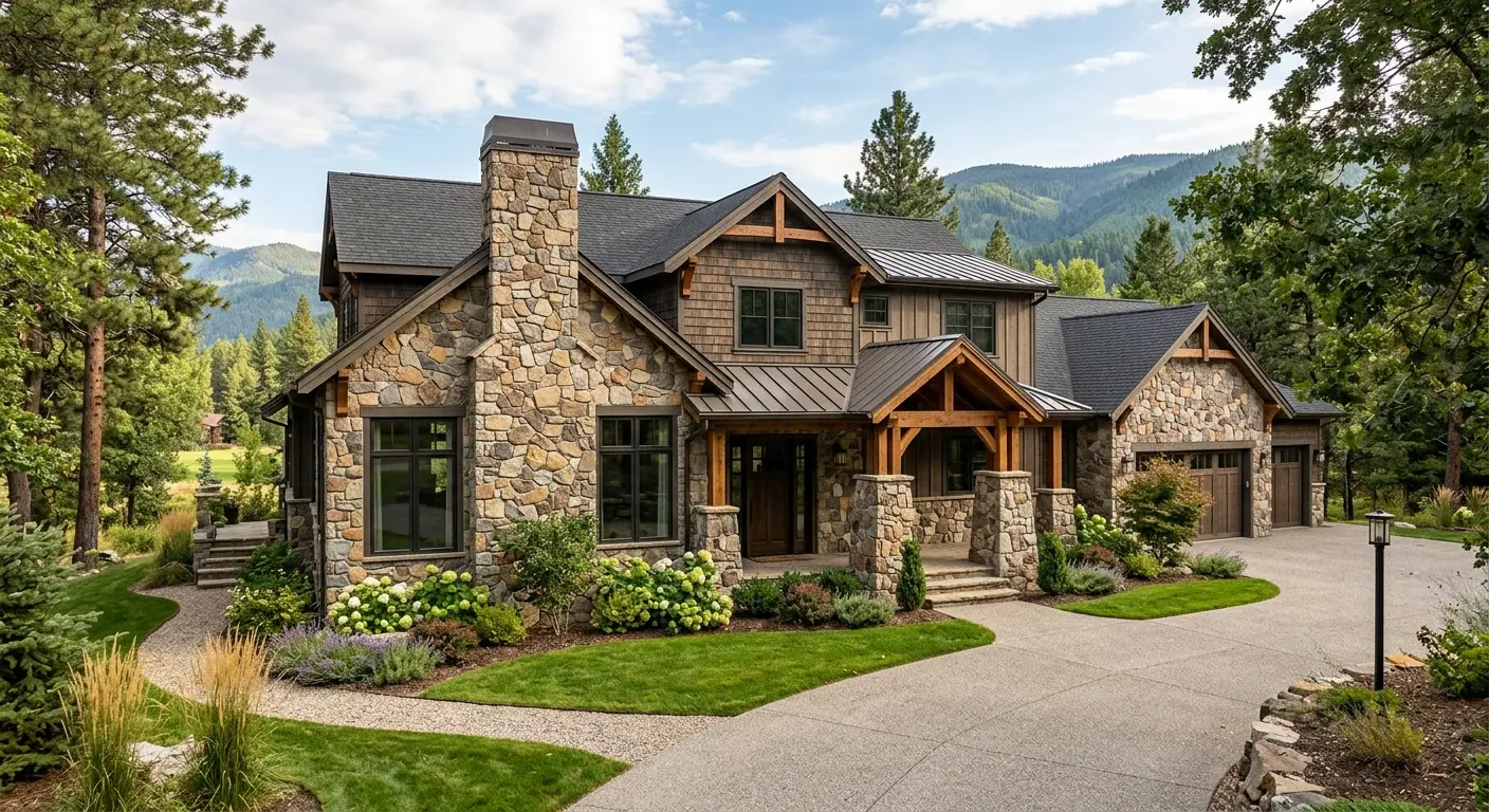 Conceptual rendering of large mountain home with exterior stone siding, wood trim, and multiple gables.
