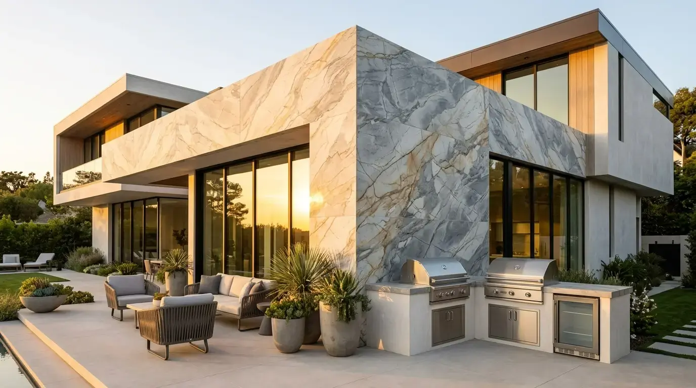 Conceptual rendering of large-format veined marble exterior cladding on a modern home with an outdoor kitchen.