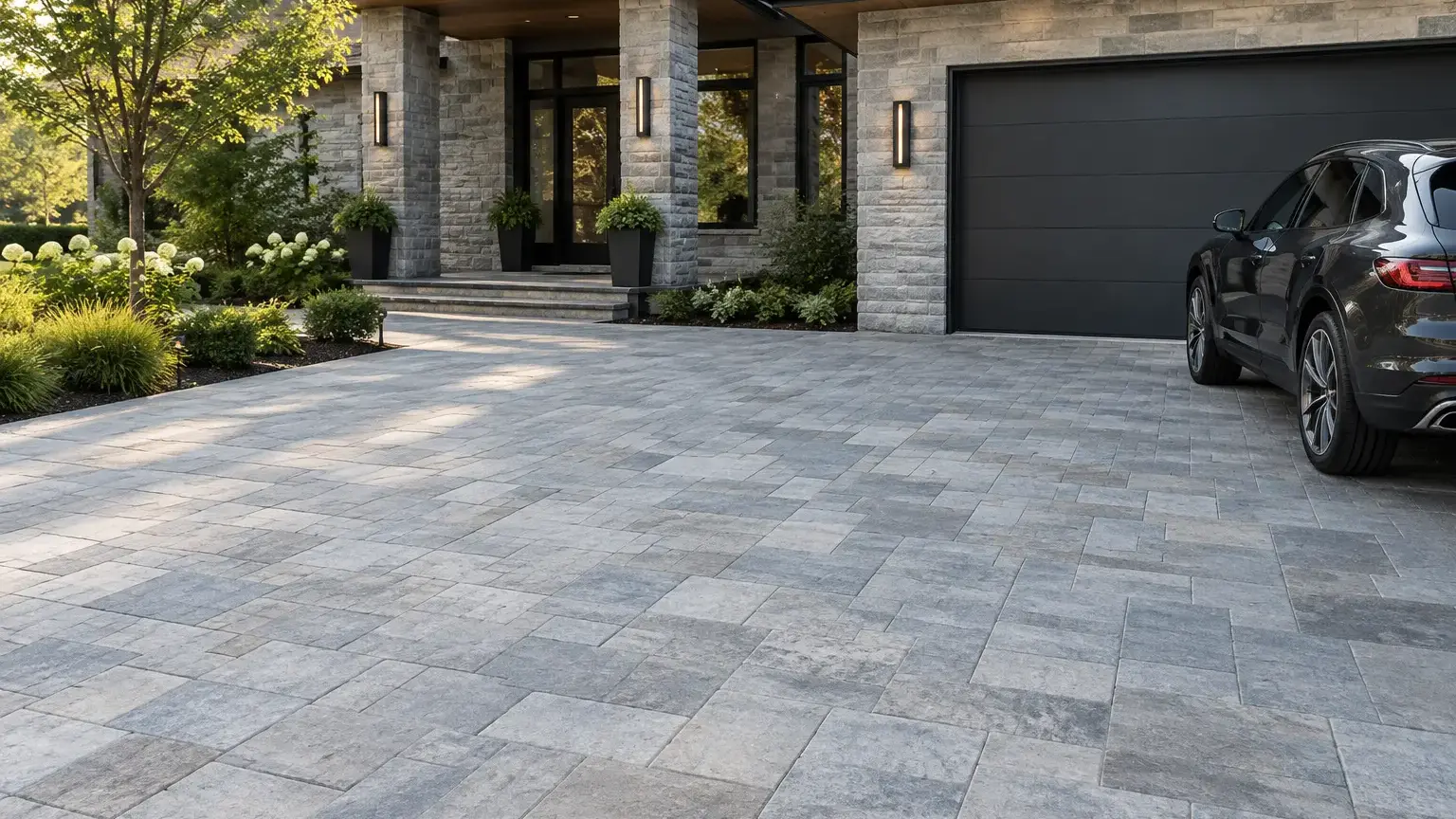 Conceptual rendering of stone paver driveway with modern home and SUV.