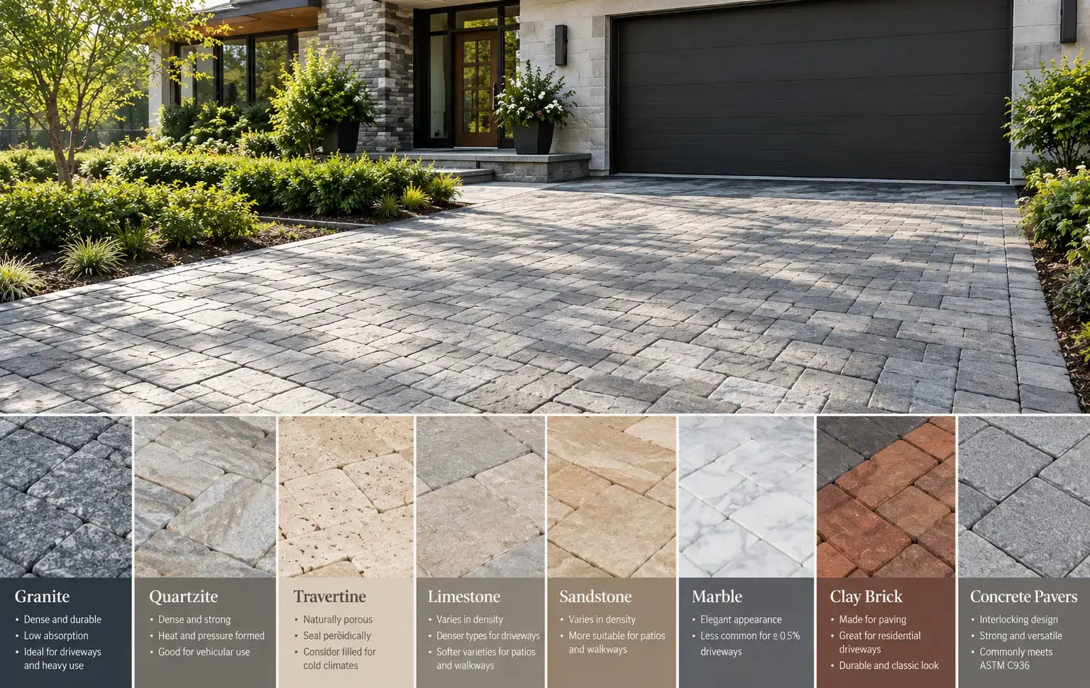 Conceptual rendering of driveway with granite, quartzite, travertine, limestone, sandstone, marble, clay brick, and concrete paver options.