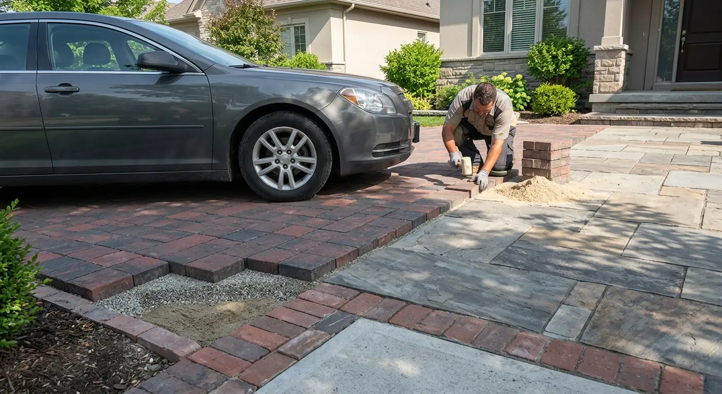Conceptual rendering of driveway featuring thick concrete brick pavers, natural stone, and layered base construction.