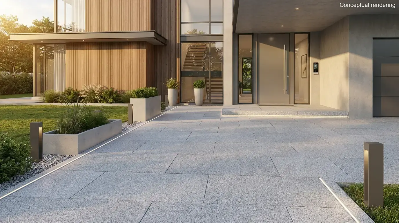 Conceptual rendering of honed granite paving in driveway.