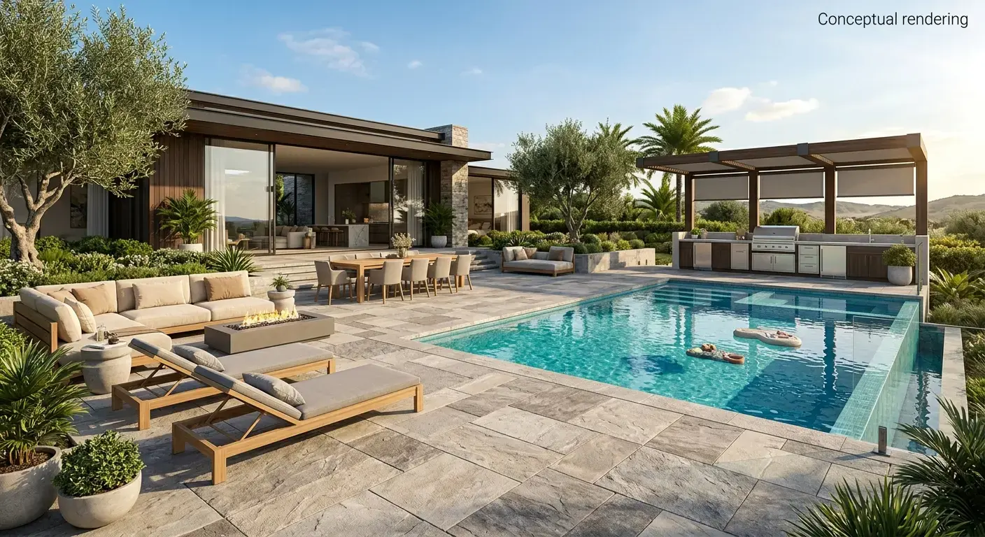 Conceptual rendering of limestone paver in modern patio.