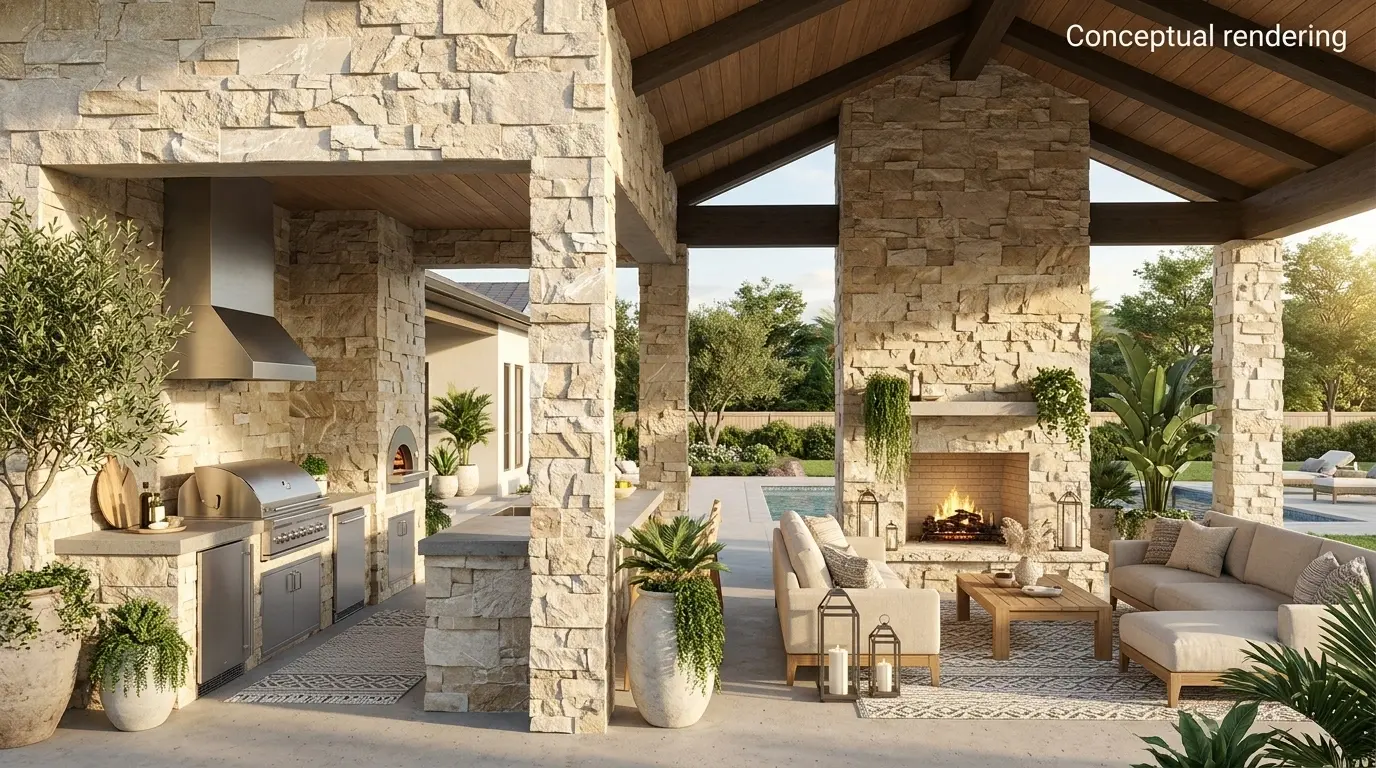 Conceptual rendering of split-face quartzite ledgestone texture with subtle white veining and Ivory Cream undertones.
