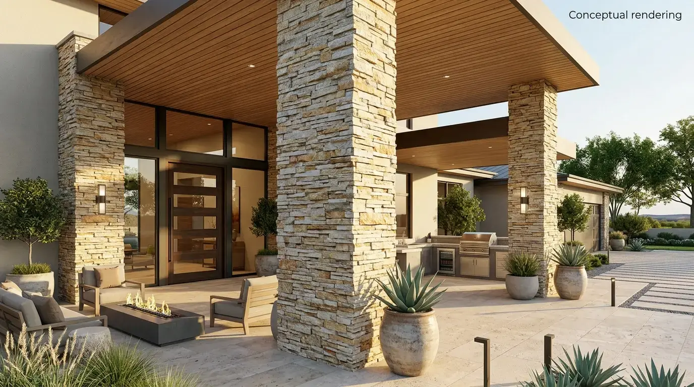 Conceptual rendering of stacked ledgestone quartzite cladding on an entry feature column.