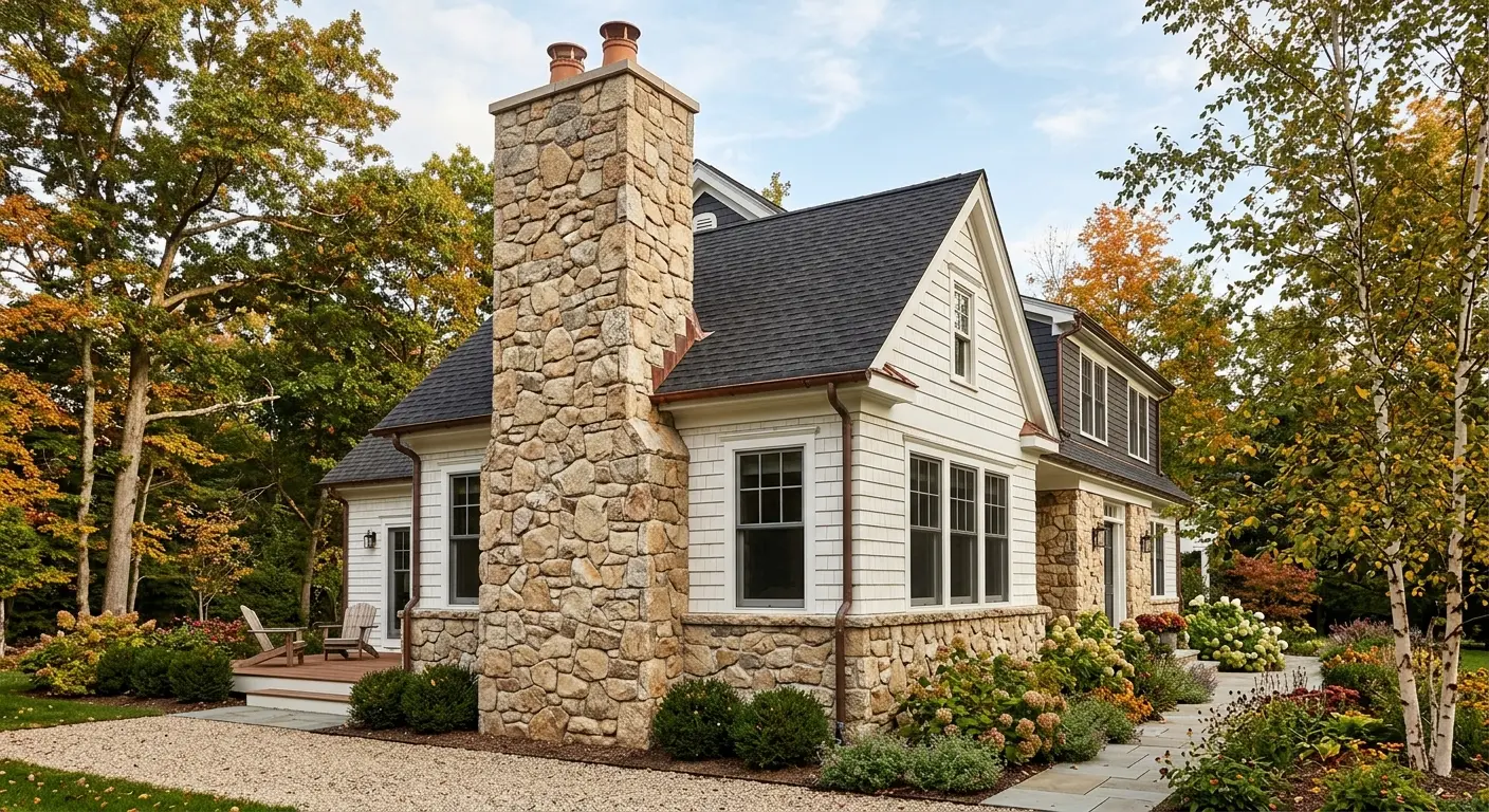 Conceptual rendering of stone chimney cladding matching the exterior lower wall siding on a house.