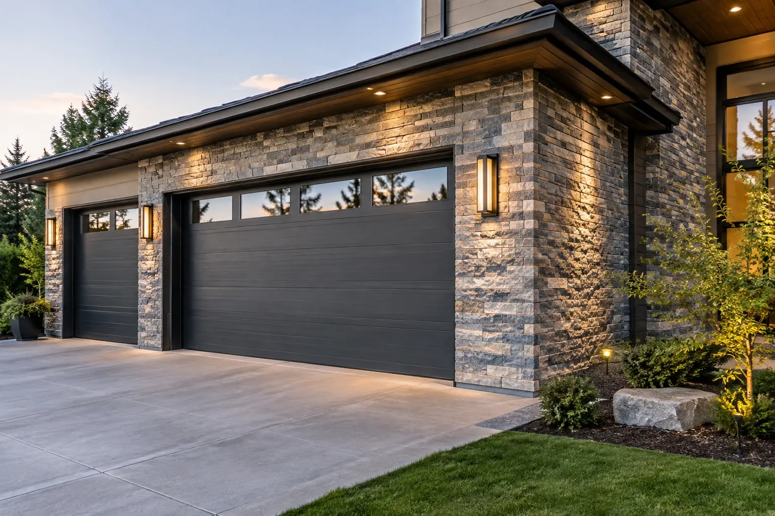 Conceptual rendering of modern garage front with granite stone siding accent wall.