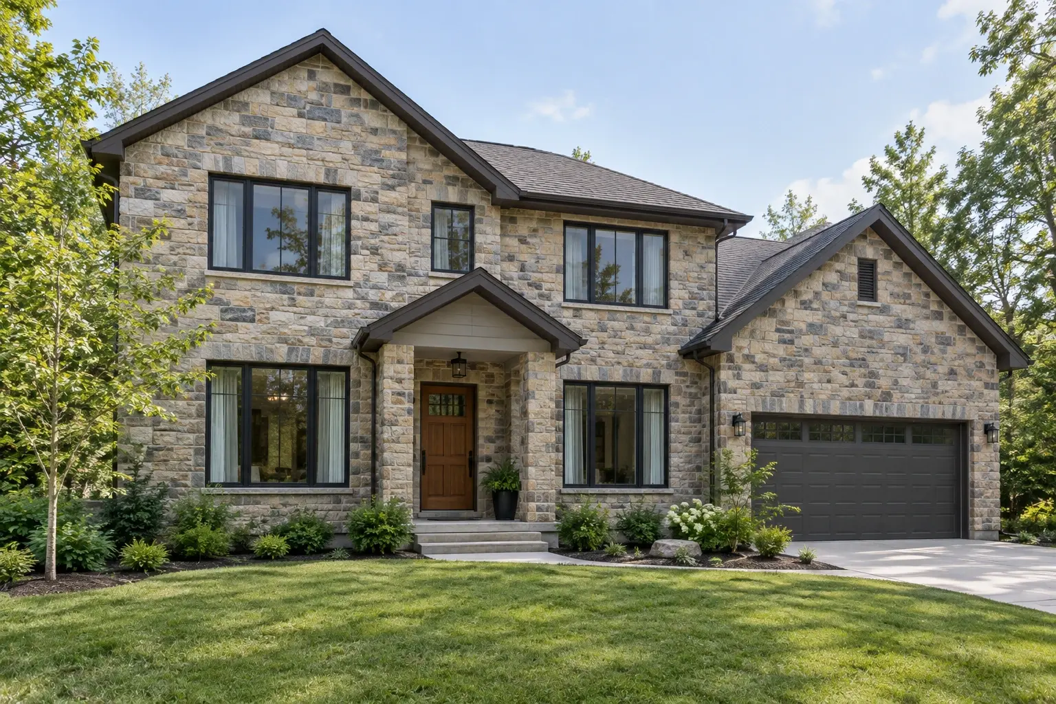 Conceptual rendering of quartzite stone siding on a full home facade with a traditional exterior.