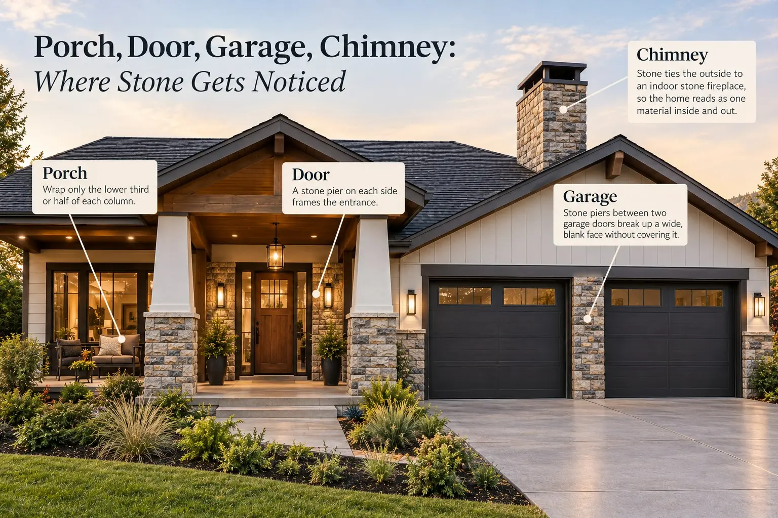 Conceptual rendering of a stone siding installed on Porch, Door, Garage, Chimney