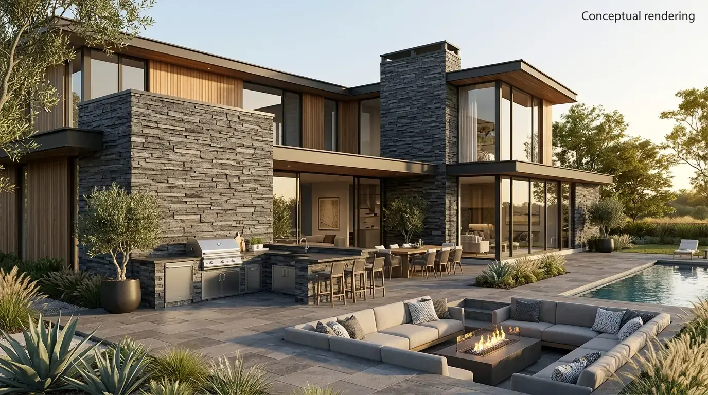 Conceptual rendering of a charcoal grey ledgestone porcelain cladding on a home exterior facade.