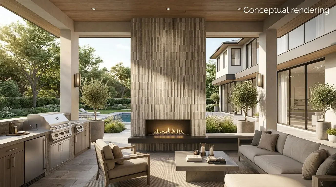 Conceptual rendering of vertical stacked porcelain cladding on a chimney feature wall.