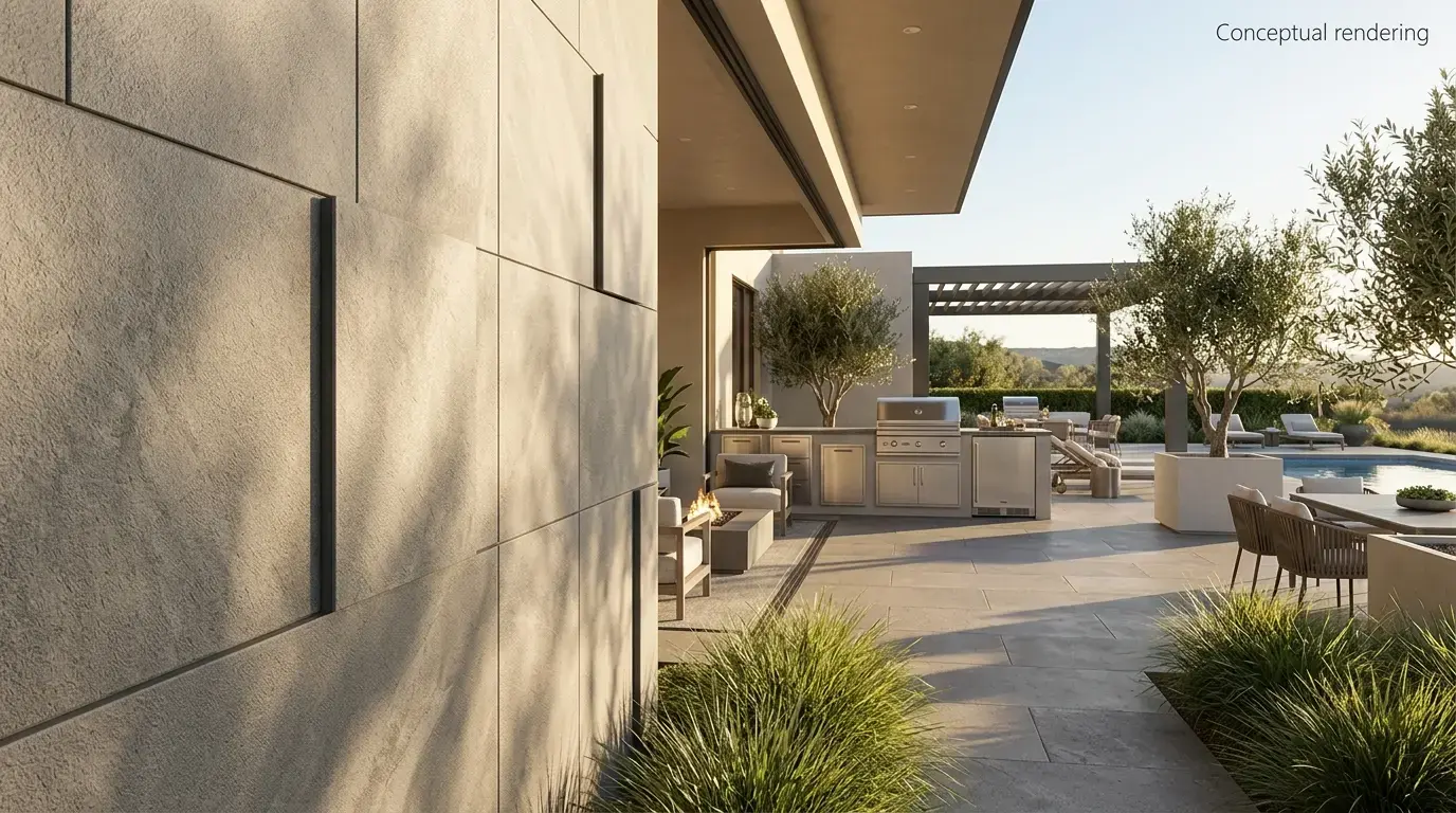 Conceptual rendering of a matte textured porcelain cladding panel close-up detail.