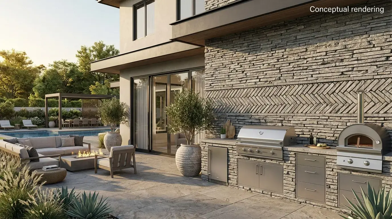 Conceptual rendering of a herringbone accent band within a stacked stone cladding wall.