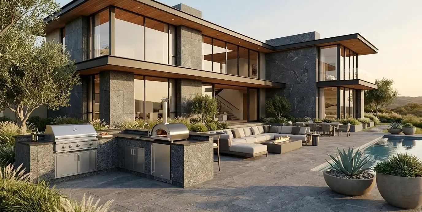Conceptual rendering of Steel Grey granite outdoor stone siding on a modern home exterior.