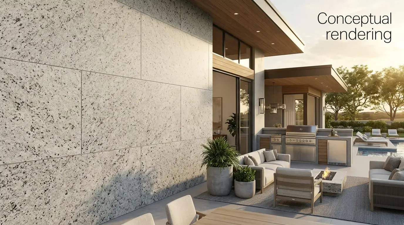 Conceptual rendering of honed granite slab siding with charcoal flecking on an accent wall.